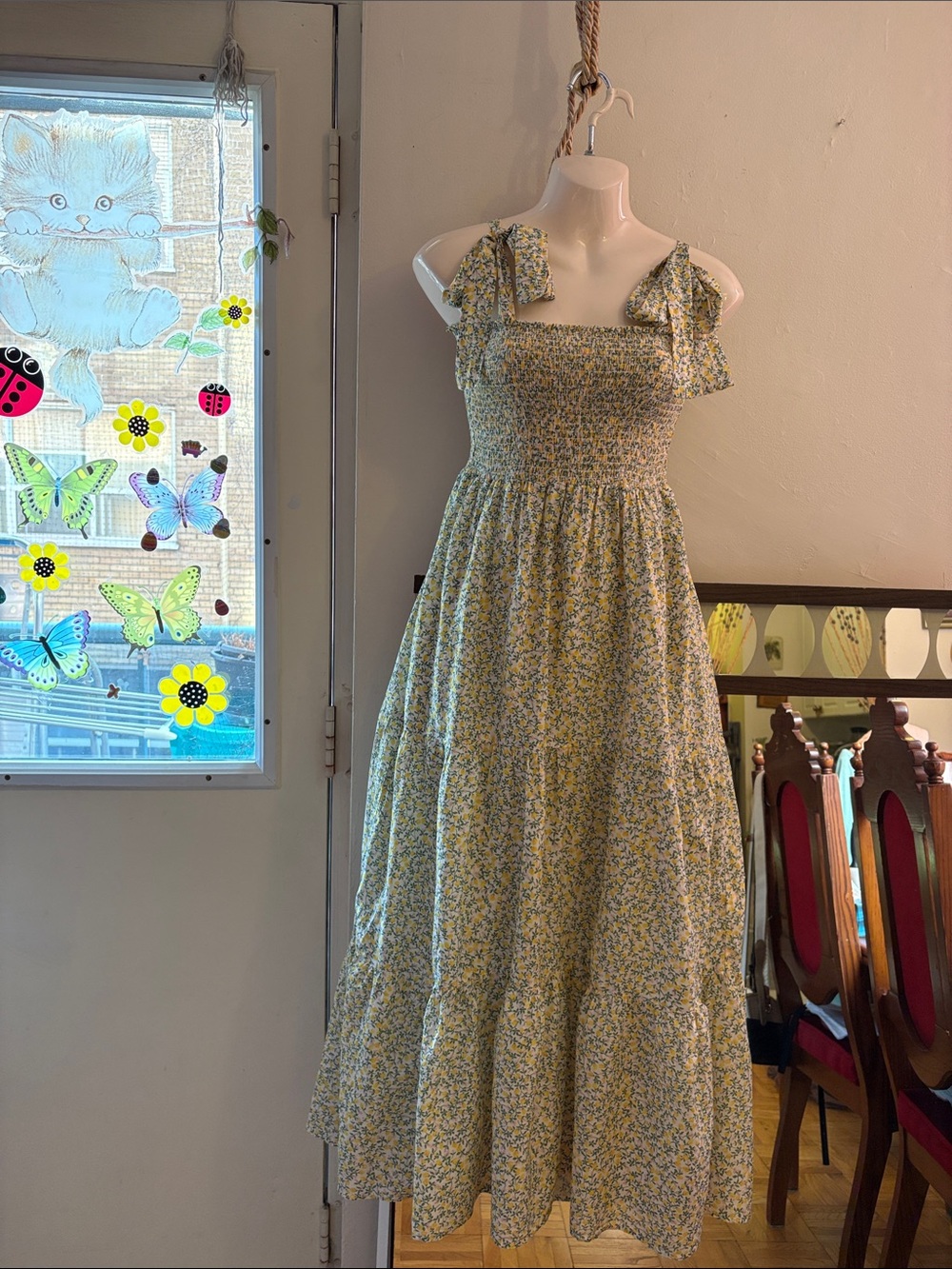 XiRENA Yellow Floral Smocked Maxi Dress with Bow Shoulder Straps. Silk Cotton